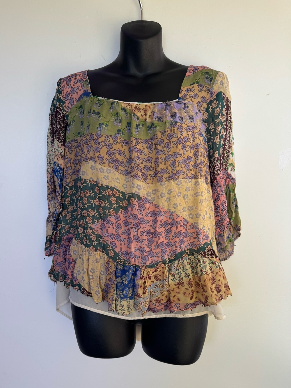 Floreat Patchwork Floral Square-Neck Blouse in Pink, Green & Yellow